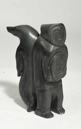 Large Inuit Soapstone Carving, Man and Bear