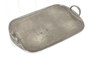 Liberty & Co., Tudric tray, model no.043, circa 1901, Hammered pewter, Underside stamped 'MADE/IN/ENGLAND', 'TUDRIC', '043', and crossed acorn mark for 'Solkets' (W.H. Haseler), 48cm x 29.3cm