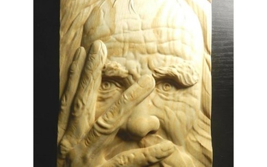 Lithuanian Carved Wood Picture, Old Man's Face