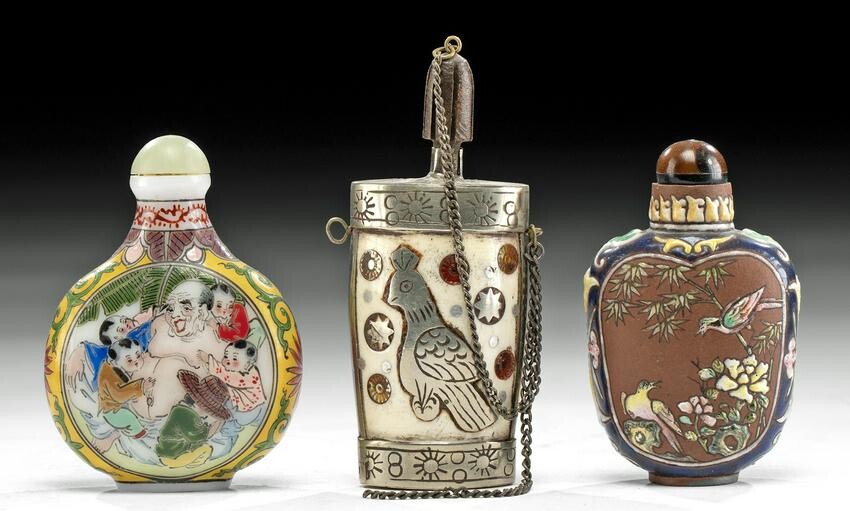 Lot of 3 Chinese Qing Enamel & Silver Snuff Bottles