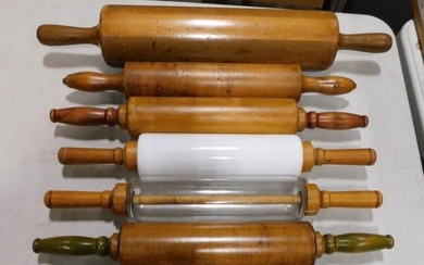 Lot of Vintage and Antique Rolling Pins including Milk Glass, Wood, Original Red & Green Paint, Clea