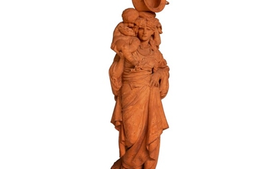 Louis Samain (1834-1901), female water carrier carrying her child, terracotta, H 138 cm