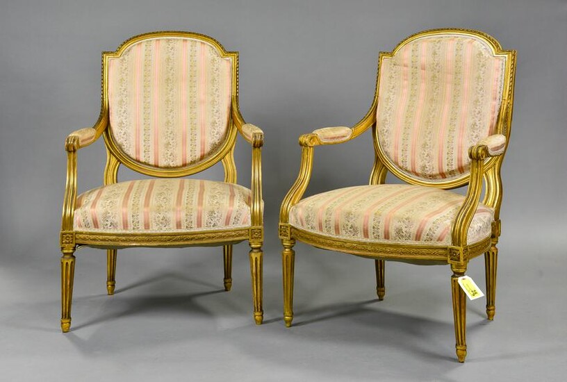 Louis XVI Style Pair Of Gold Gilt Arm Chairs