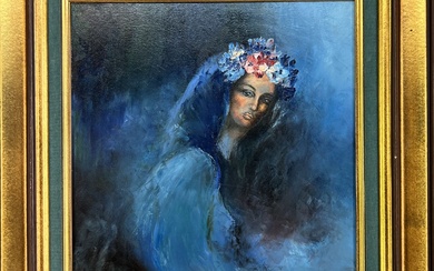 Loulou SCHILD (1943) "Portrait bleu d'une femme à la couronne de fleurs" Huile sur toile...