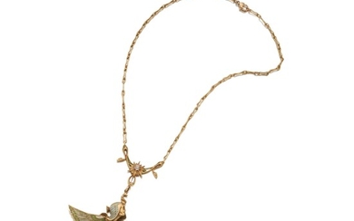 Lucien Gautrait Gold, Enamel, Diamond and Pearl Pendant-Necklace, France