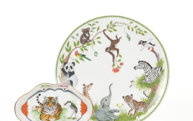 Lynn Chase Designs Porcelain "Jungle Party" Plate and "Tiger Raj" Leaf Dish