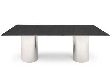 MID-CENTURY MODERN CHROME AND STONE DINING TABLE, c. 1960, black...