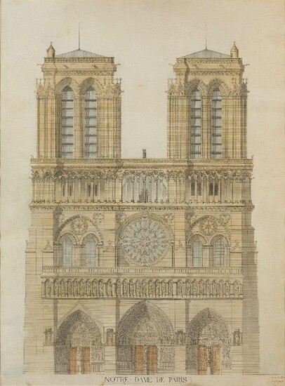 Maillard, French, mid-late 19th century- Notre-Dame de Paris; pencil, pen and black ink and watercolour on paper, signed and dated '19 Aout 1877' (lower right), 64.5 x 48 cm.