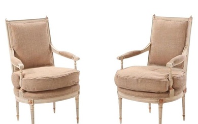 Maison Jansen Style, French Louis XVI, Arm Chairs, Giltwood, White Paint, Burlap