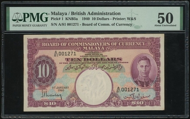 Malaya, $10, 1.1.1940, serial number A/81 001271, (Pick 1)