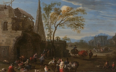 Matthys SCHOEVAERDTS Bruxelles, 1665 - 1694Scène de marchéHuile sur cuivreSigné 'MSCHOEVAERDTS' en bas à gauche(Cuivre...