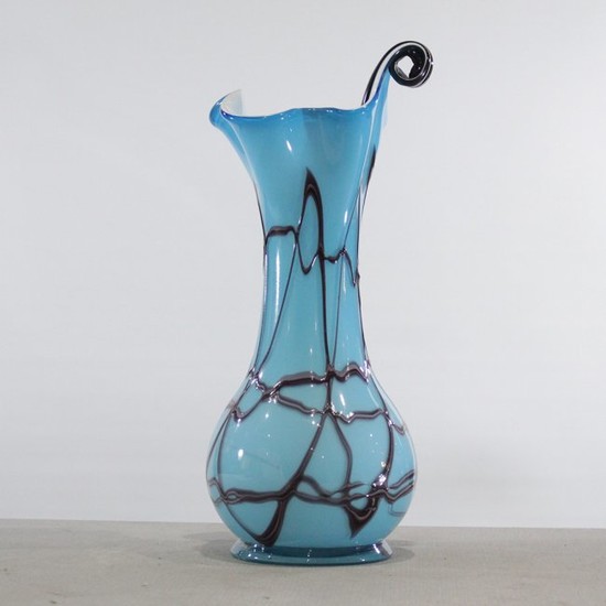 Mid-Century Modern Blue Glass Vase Applied Black Drip