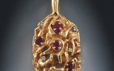 Mid-Century Modern Nugget Gold, Ruby, and Diamond Pendant