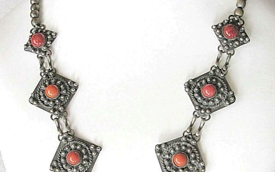 Morocco Antique Berber Ethnic Tribal filigree low grade silver and brass beads necklace set with art glass