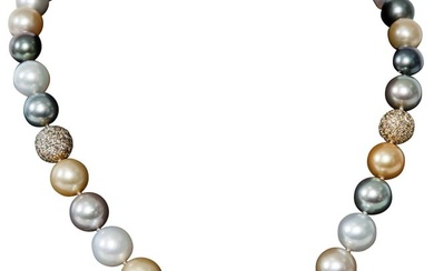 Multi-Color South Sea Pearl and Diamond Ball Necklace