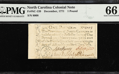 NC-139. North Carolina. December, 1771. 1 Pound. PMG Gem Uncirculated 66 EPQ.