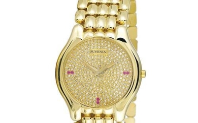 NOS 18k Yellow Gold JUVENIA BIARRITZ Men's watch Ref 11346 with Diamond Dial & Rubies