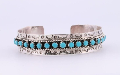 Native American Zuni Handmade Sterling Silver Turquoise Bracelet By Pukestine.