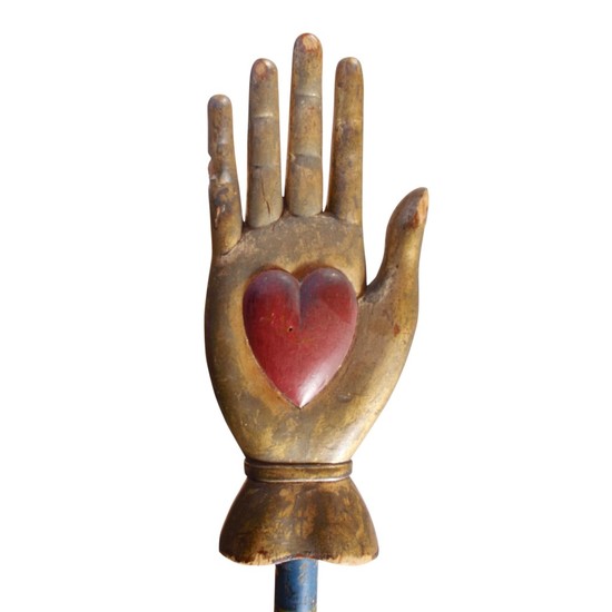 ODD FELLOWS CARVED AND PAINTED WOOD CEREMONIAL HEART-IN-HAND STAFF, CIRCA 1890
