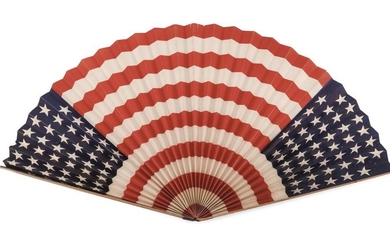 OVERSIZED 45-STAR "AMERICAN FLAG" FOLDING FAN Primitively made, with a paper leaf glued to two wooden ends similar to yardsticks. Le...