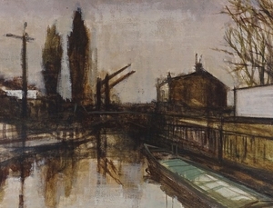 Oil on canvas, barges on a canal, indistinctly signed, 20" x...