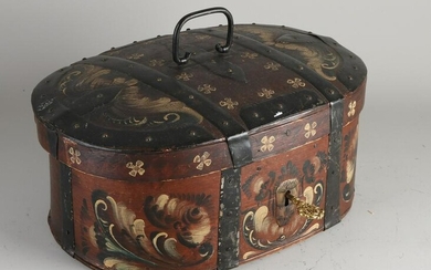 Old hand-painted chipboard box with lid and iron