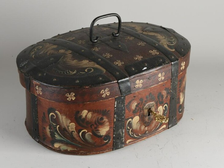 Old hand-painted chipboard box with lid and iron