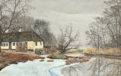 Ole Ring: Wintry landscape with thatched half-timbered house. Signed and dated Ole Ring 1931. Oil on canvas. 31×49 cm.