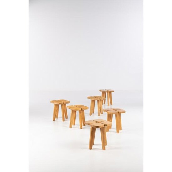 Olof Ottelin (1917-1971) 'Apila' model Set of six stools Pine wood Edited by Keravan Puusepä