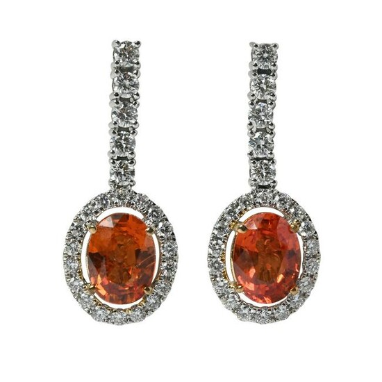 Orange Sapphire, Diamond, 14k White Gold Earrings.