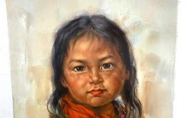 Original 20" X 24" Acrylic Of Indigenous Girl With The Red Scarf Inspired By Nicholas Raphael de