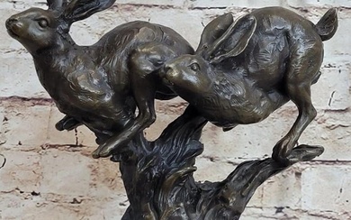 Original Pair of Running Rabbits Bronze Sculpture - 9.5" x 9"