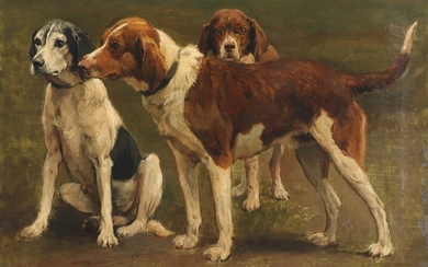 Otto Bache: Three eager hunting dogs. Signed Otto Bache. Oil on canvas. 47.5×65 cm.