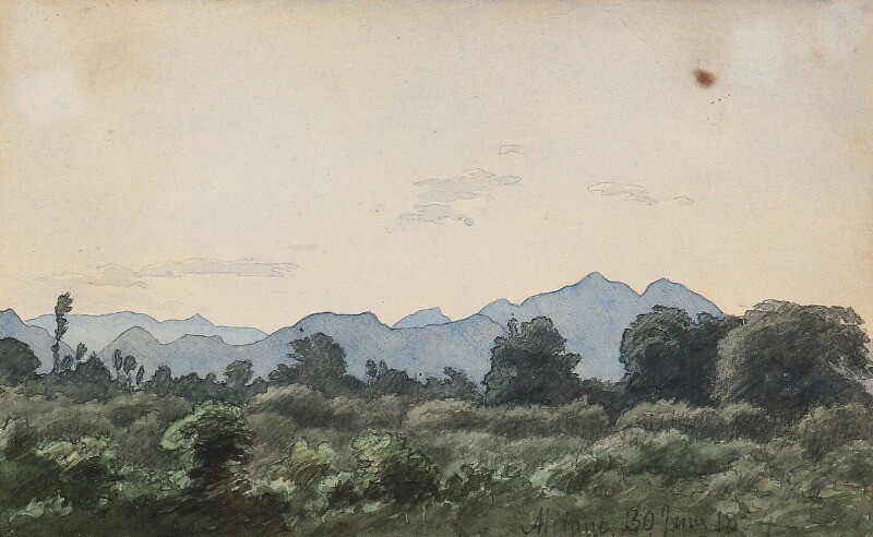P. C. Skovgaard: Italian landscape. Unsigned, dated Milano 1854. Watercolour on paper. Sheet size 10.5×17 cm.