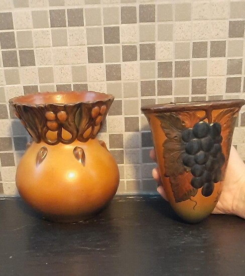 SOLD. P. Ipsens Enke: Terracotta vase and wall vase, decorated with yellow-orange and brown glaze. H. 18 and 19 cm. (2) – Bruun Rasmussen Auctioneers of Fine Art