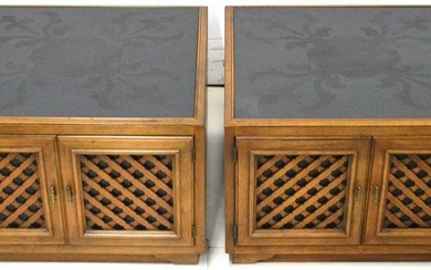 PAIR (2) DREXEL SIDE TABLES W ETCHED DESIGN TOPS