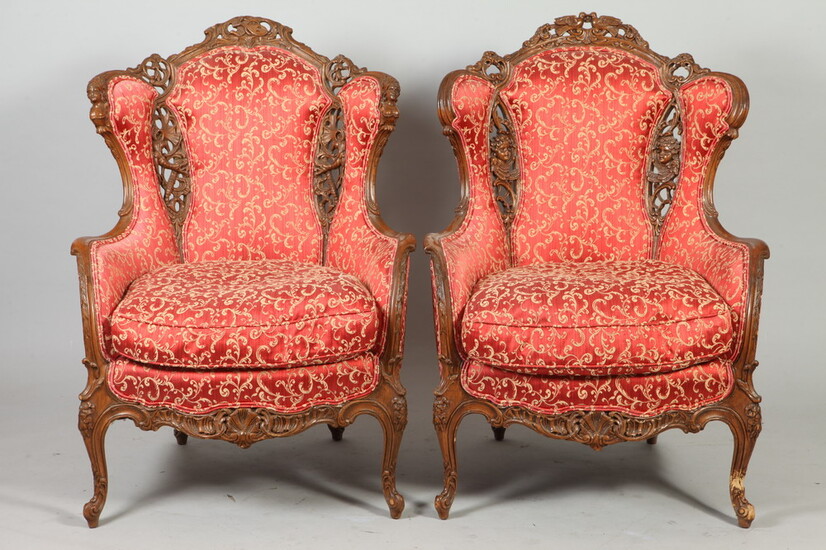 PAIR CONTINENTAL CARVED OAK RED AND GOLD SCROLL PATTERN UPHOLSTERED...