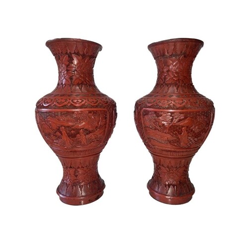 PAIR OF HEAVILY CARVED CHINESE CINNABAR LACQUER VASES LATE Q...