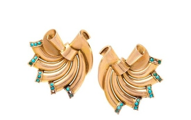 PAIR OF YELLOW GOLD AND TURQUOISE CLIP BROOCHES