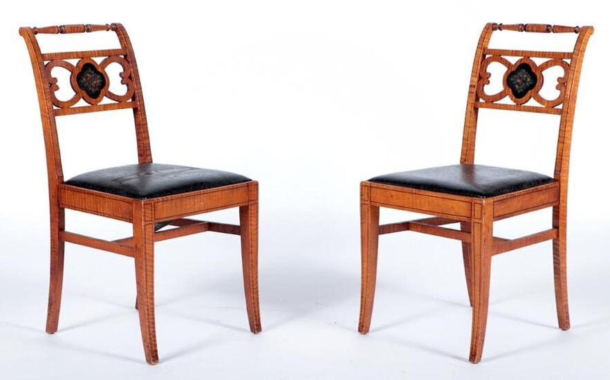 PAIR TIGER MAPLE & PAINTED SIDE CHAIRS