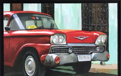 PETROV Vladimir (1945-). «Taxi cubain rouge (ii) ». Huile sur toile signée en bas à...