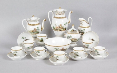 PORCELAINE de PARIS, Porcelain coffee and tea service with polychrome landscape decoration and golden threads, composed of: a coffee pot, a sugar bowl, a large bowl, a teapot, milk jug, ten cups and eight saucers, (accidents, missing and restorations).