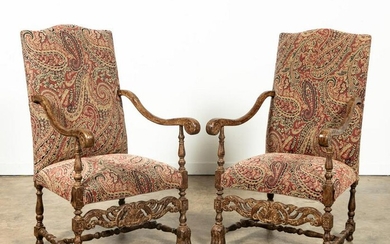 PR, LOUIS XIV STYLE PAISLEY UPHOLSTERED ARMCHAIRS
