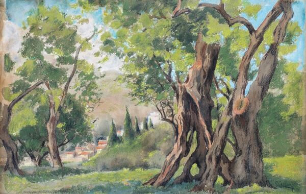 Paesaggio boschivo con scorcio di paese in lontananza, Giuseppe Cecconi (Foligno, 1877 - ?)
