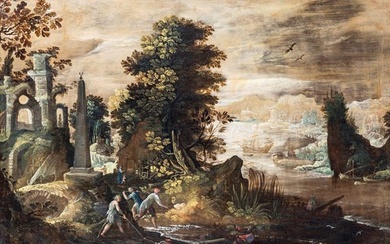Philipp Peter Roos ( Francoforte sul Meno, 1657 - Roma, 1706) Attribuito a, Paesaggio con rovine antiche