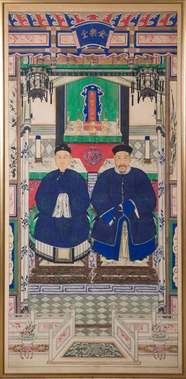 Painting "Tapestry of Ancestors", China, c. 1850. Qing Dynasty. "Gouache" on rice paper with wooden frame. With representation of a couple of dignitaries in palatial architecture. Measurements: 180x88 cm. Exit: 400uros. (66.554 Ptas.)