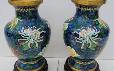 Pair 12 Inch Chinese Cloisonne Relief Rim Vases