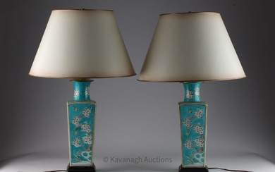 Pair Chinese Square Form Famille Verte Vases Lamps