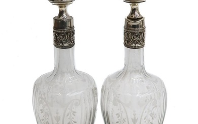 Pair French Silver and Acid Etched Glass Decanters, circa 1900. Etched Leaves