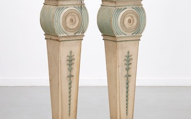 Pair George IV painted pine pedestals, signed